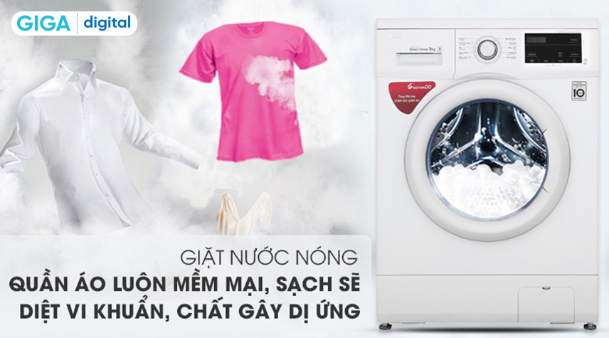 lg fm1209n6w với chế độ giặt bằng nước nóng giúp diệt vi khuẩn, giúp sợi vải được mềm mịn