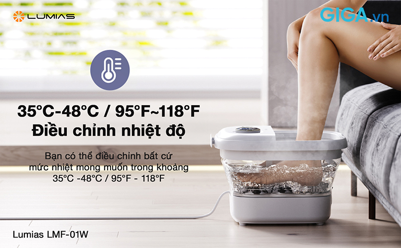 Máy massage chân Lumias LMF-01W thoải mái điều chỉnh nhiệt độ từ 35°C - 48°C
