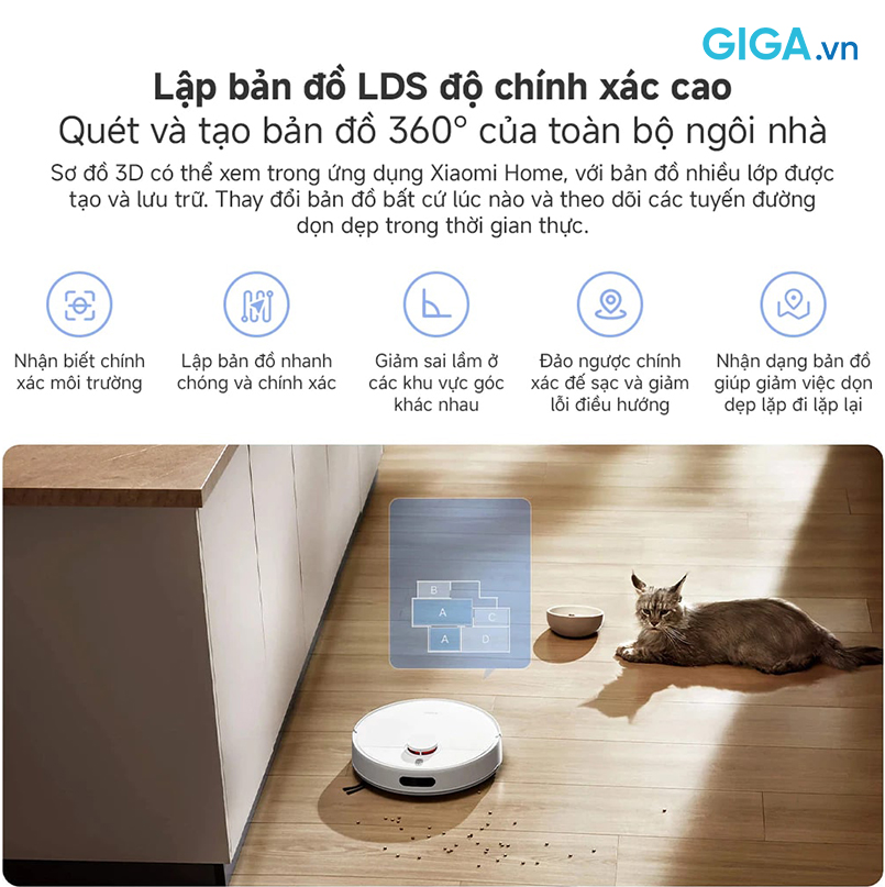 Xiaomi Vacuum H40 được trang bị bản đồ LDS có độ chính xác cao,  làm sạch thông minh từng ngóc ngách.
