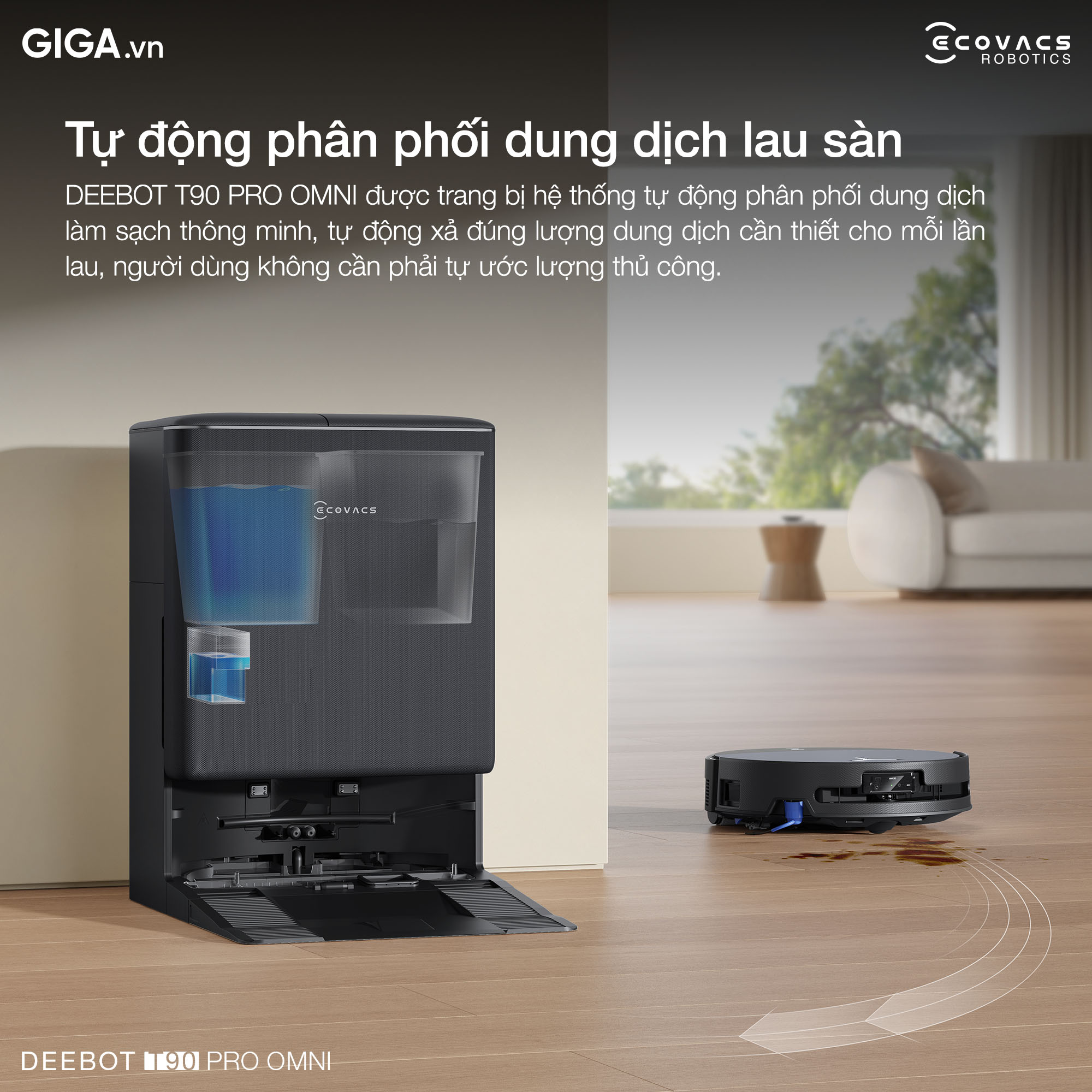 Robot hút bụi thông minh DEEBOT T90 PRO OMNI sở hữu hệ thống tự động pha dung dịch làm sạch chuyên dụng