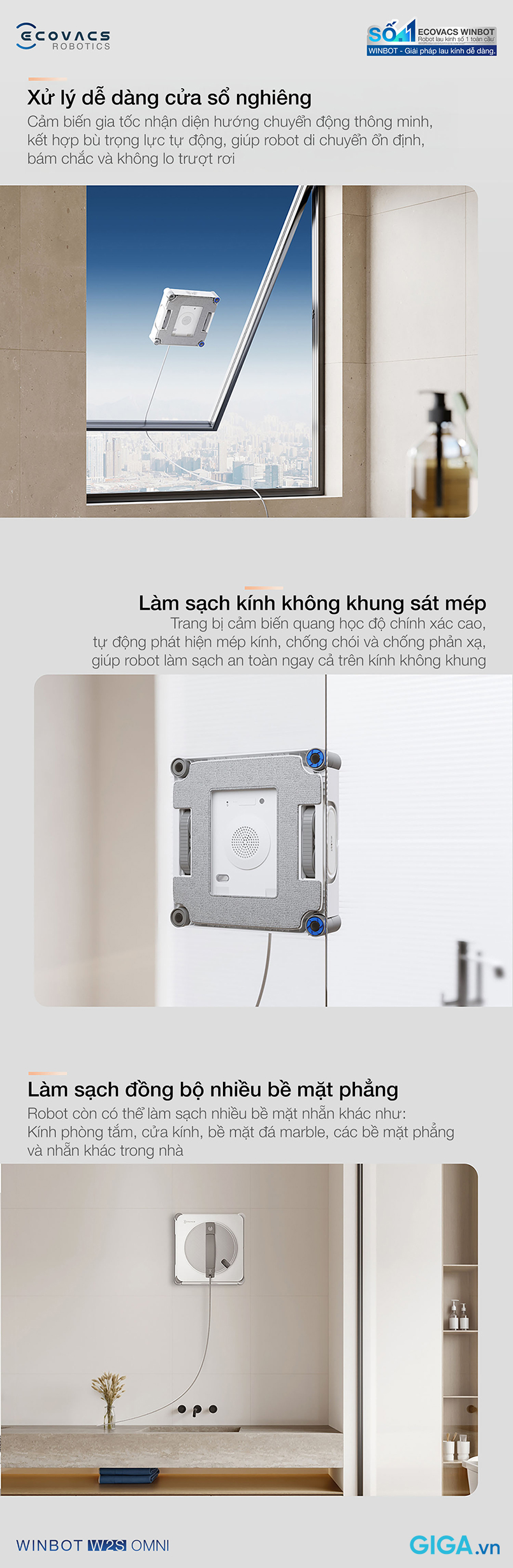 robot lau kính thông minh Winbot W2S Omni xử lý dễ dàng cửa sổ nghiêng