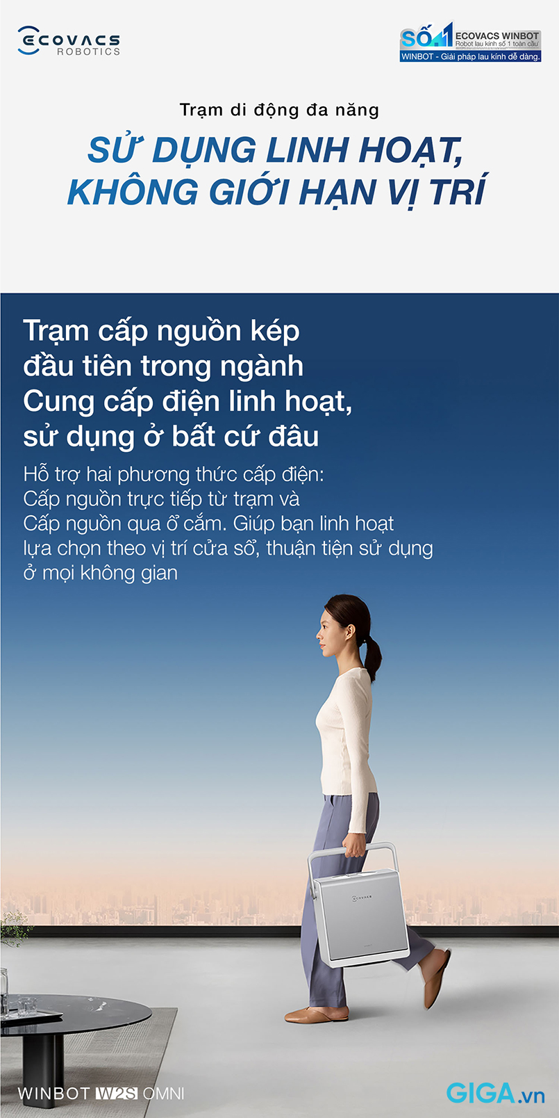 robot lau kính thông minh Ecovacs Winbot W2S Omni hệ thống trạm cấp nguồn kép đột phá