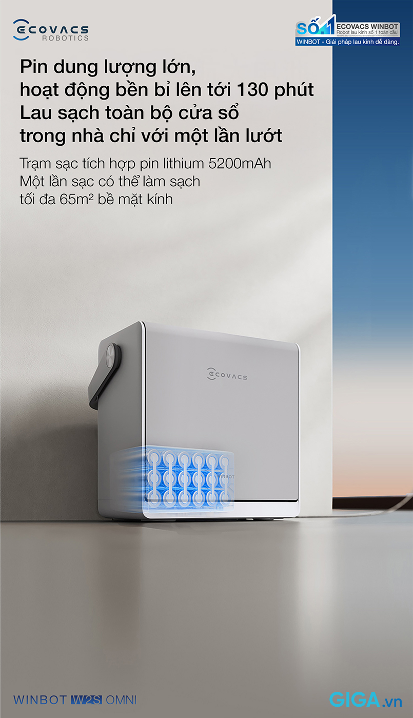 Chỉ với một lần sạc đầy, robot lau cửa sổ Winbot W2S Omni hoạt động liên tục trong 130 phút