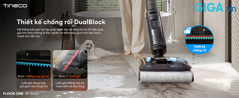 Công nghệ chống rối DualBlock xóa tan nỗi lo tóc rối trên máy hút bụi lau sàn khô ướt i7 Steam