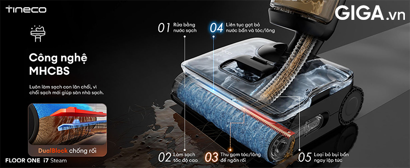 Máy hút bụi FLOOR ONE i7 Steam với công nghệ Tineco MHCBS cải tiến, lau sàn bằng chổi lăn sạch