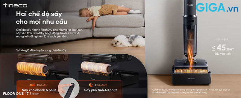 máy lau sàn khô ướt Tineco FLOOR ONE i7 Steam với hai tùy chọn sấy khô chuyên biệt