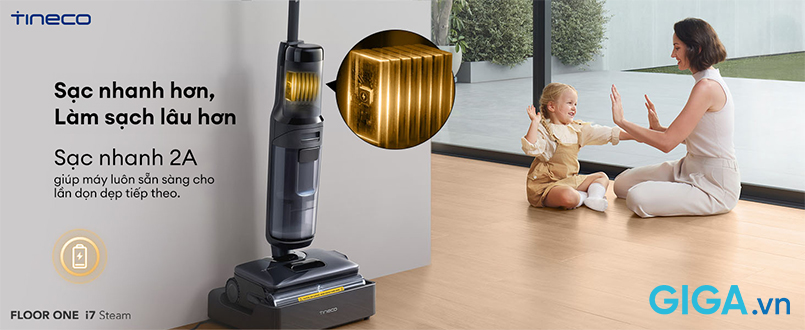 Máy hút bụi lau sàn khô ướt Tineco FLOOR ONE i7 Steam trang bị công nghệ sạc nhanh 2A tiên tiến