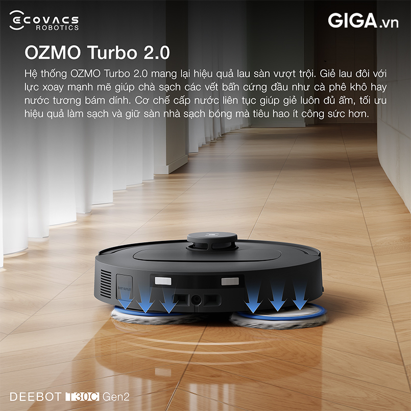 robot Ecovacs Deetbot T30C Gen2 đánh bay vết bẩn cứng đầu với OZMO™ Turbo 2.0