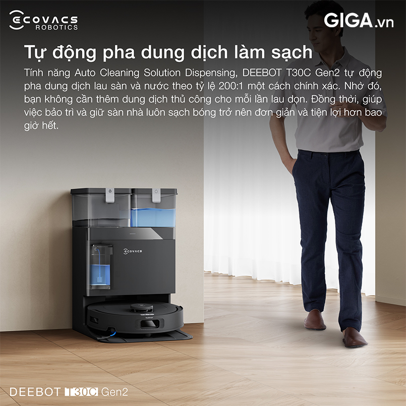 Robot hút bụi lau nhà Ecovacs Deetbot T30C Gen2 cơ chế tự động pha dung dịch và quản lý rác thải lên đến 90 ngày