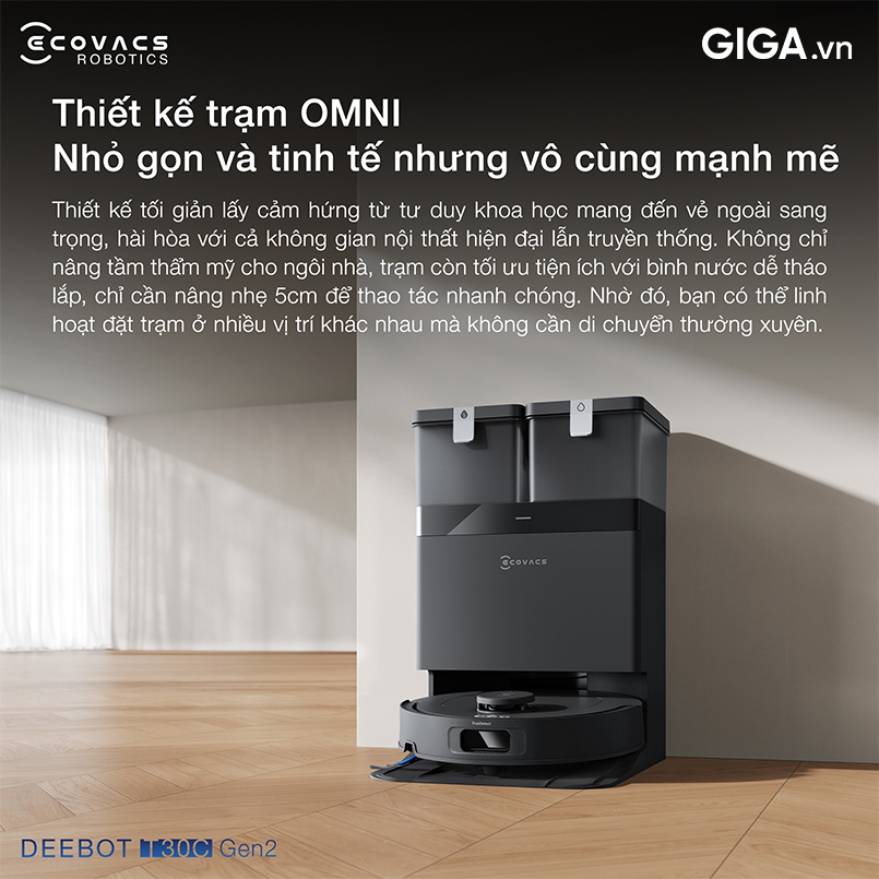 Lấy cảm hứng từ phong cách tối giản, trạm sạc của robot hút bụi lau nhà Ecovacs Deetbot T30C Gen2 sở hữu ngoại hình sang trọng.
