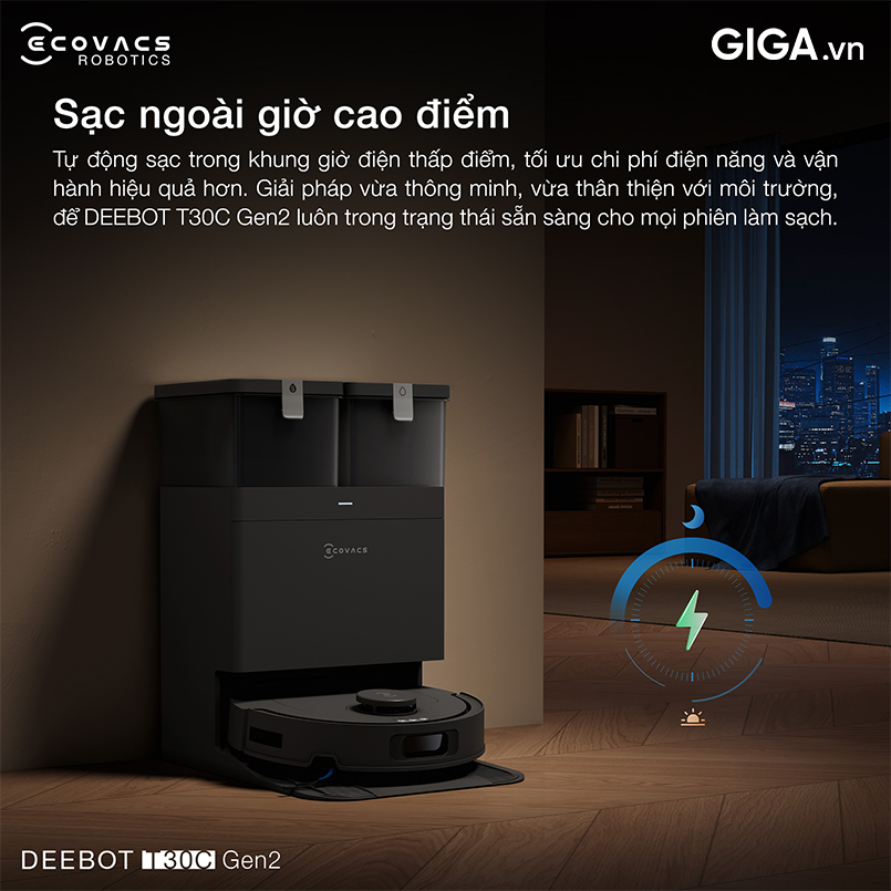 robot hút bụi Ecovacs Deetbot T30C Gen2 trang bị tính năng hẹn giờ sạc ngoài giờ cao điểm