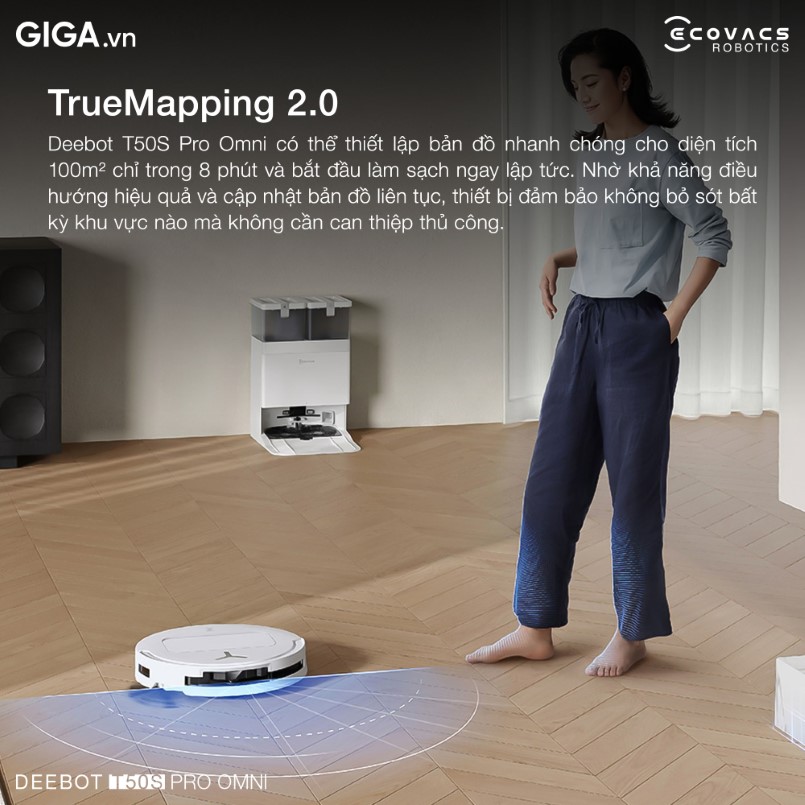Ecovacs Deebot T50S Pro Omni ghi điểm tuyệt đối với tốc độ lập bản đồ vượt trội. 