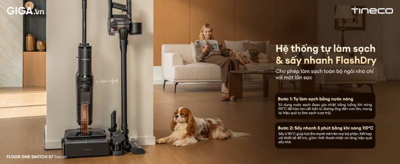 Trong phân khúc cao cấp, Tineco Floor One Switch S7 Steam có gì nổi bật? máy hút bụi Tineco Floor One Switch S7 Steam sấy khô siêu tốc FlashDry trong 5 phút