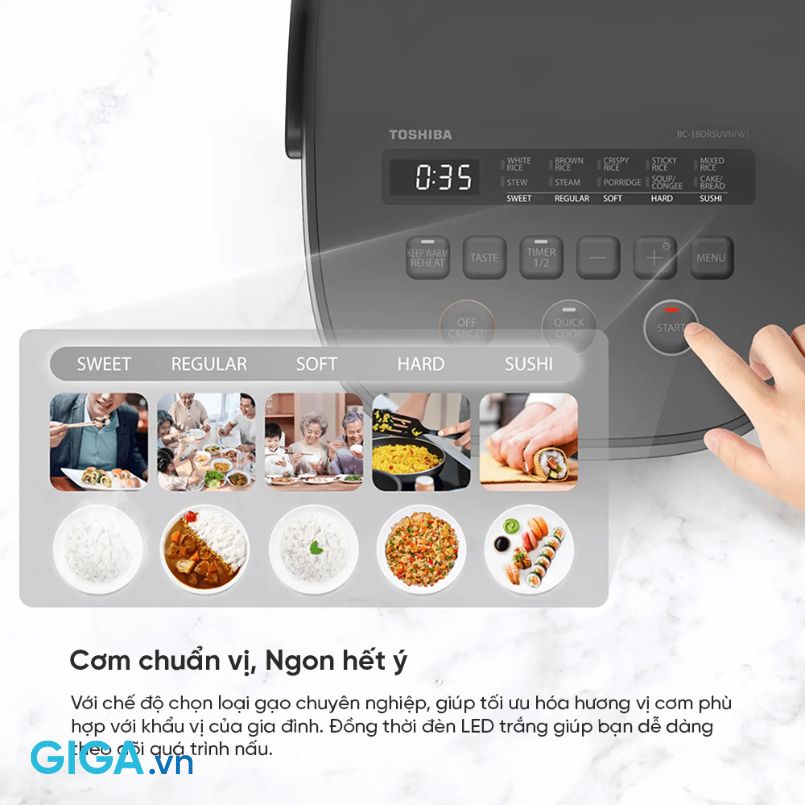 Tìm hiểu về các chế độ nấu của nồi cơm điện Toshiba RC-10DR5UVN(H) Nồi cơm điện tử Toshiba RC-10DR5UVN(H) đa dạng chương trình nấu