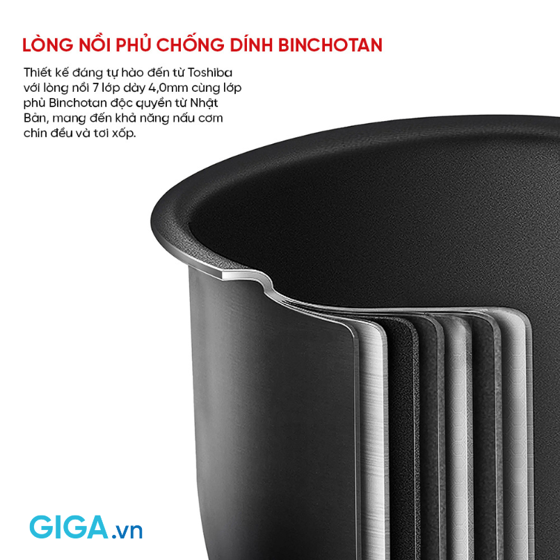 nồi cơm điện tử 1.8L Toshiba RC-18DR4TVN(H) trang bị lòng nồi hợp kim nhôm dày 4mm phủ chống dính Binchotan