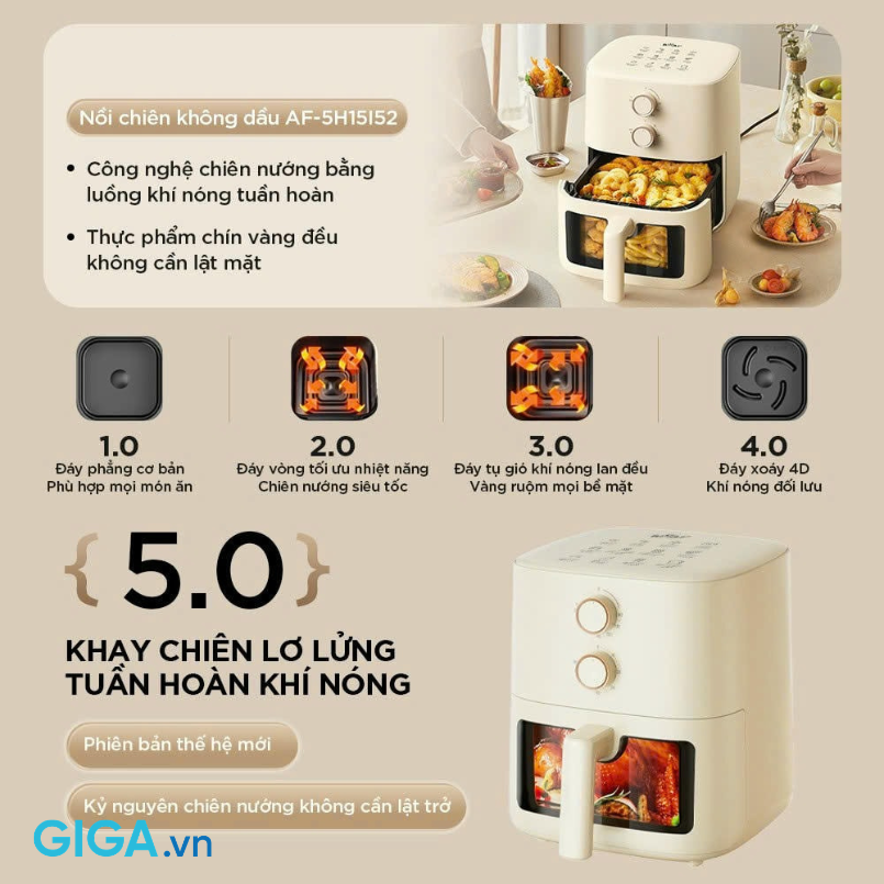 Nồi chiên không dầu Bear 5L AF-5H15I52 sử dụng luồng khí nóng tuần hoàn 360°