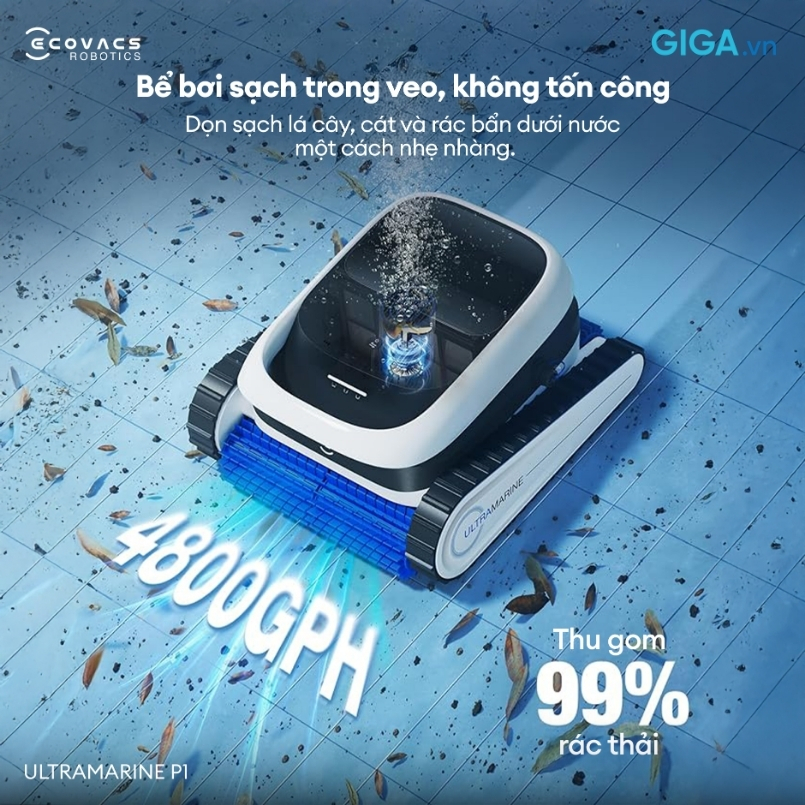 Ecovacs Ultramarine P1 với công nghệ hút UltraPure 4800 GPH hút rác mạnh mẽ, chống tắc nghẽn tối đa