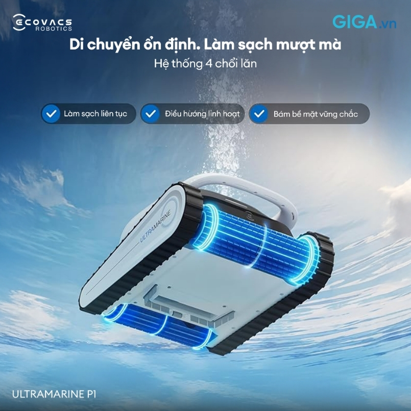 robot Ultramarine P1 được trang bị 4 chổi cuộn chà sạch sâu, bám đường vượt trội.