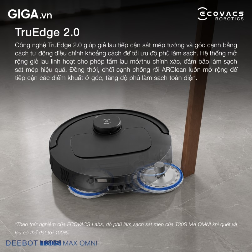 Deebot T30C Max Omni làm sạch sát mép tường, khoảng cách tiếp xúc dưới 1mm nhờ công nghệ TruEdge 2.0