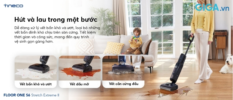 Máy hút bụi lau sàn khô ướt Tineco FLOOR ONE S6 Stretch Extreme 2 sở hữu lực hút mạnh mẽ 25.000Pa