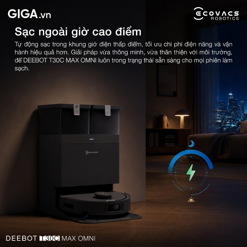 Trạm sạc Deebot T30C Max Omni có tính năng sạc ngoài giờ cao điểm giúp tiết kiệm điện năng