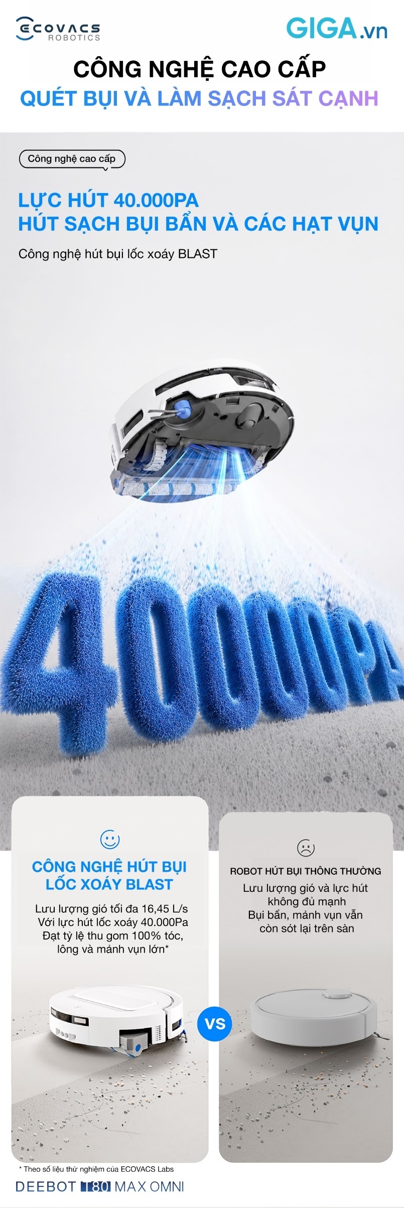 robot hút bụi lau nhà Ecovacs Deebot T80 Max Omni sở hữu lực hút siêu mạnh lên đến 40.000PA