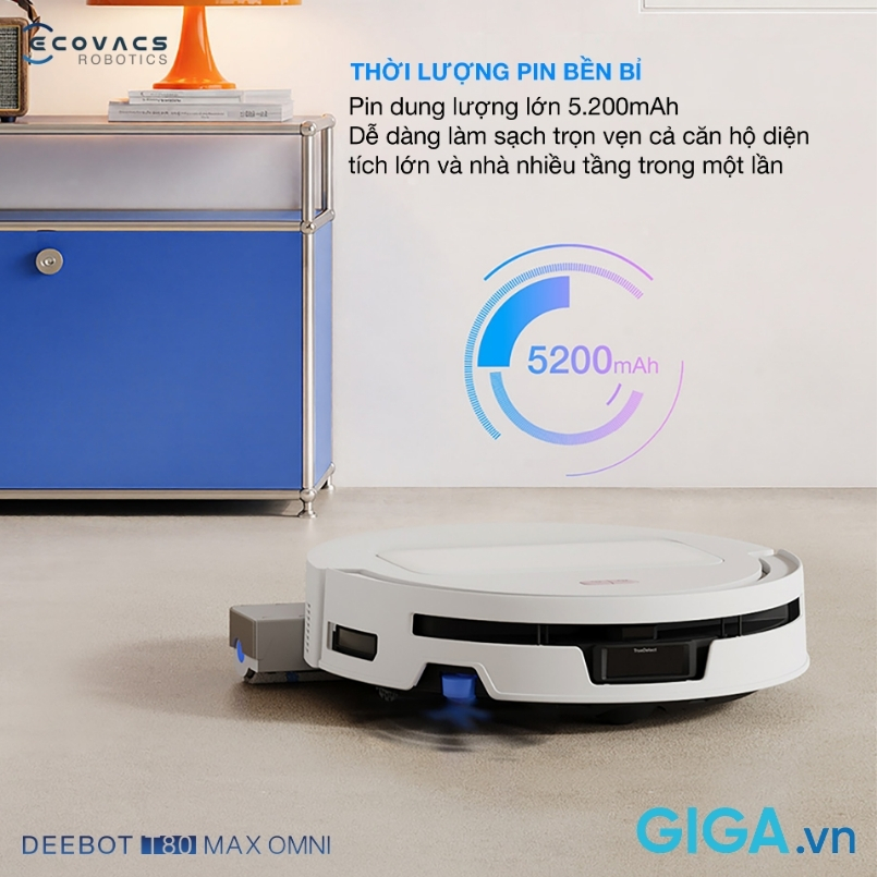 robot lau nhà Deebot T80 Max Omni sở hữu viên pin dung lượng lớn 5.200 mAh