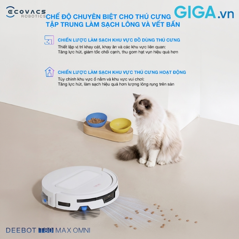 Deebot T80 Max Omni sẽ tự động áp dụng các chiến lược làm sạch chuyên biệt cho thú cưng