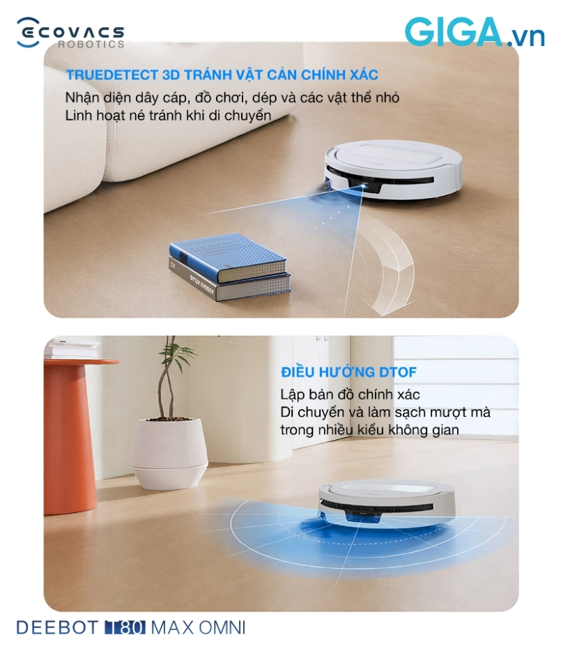 Robot hút bụi Ecovacs Deebot T80 Max Omni được trang bị cảm biến LiDAR dToF ẩn và TrueDetect 3D