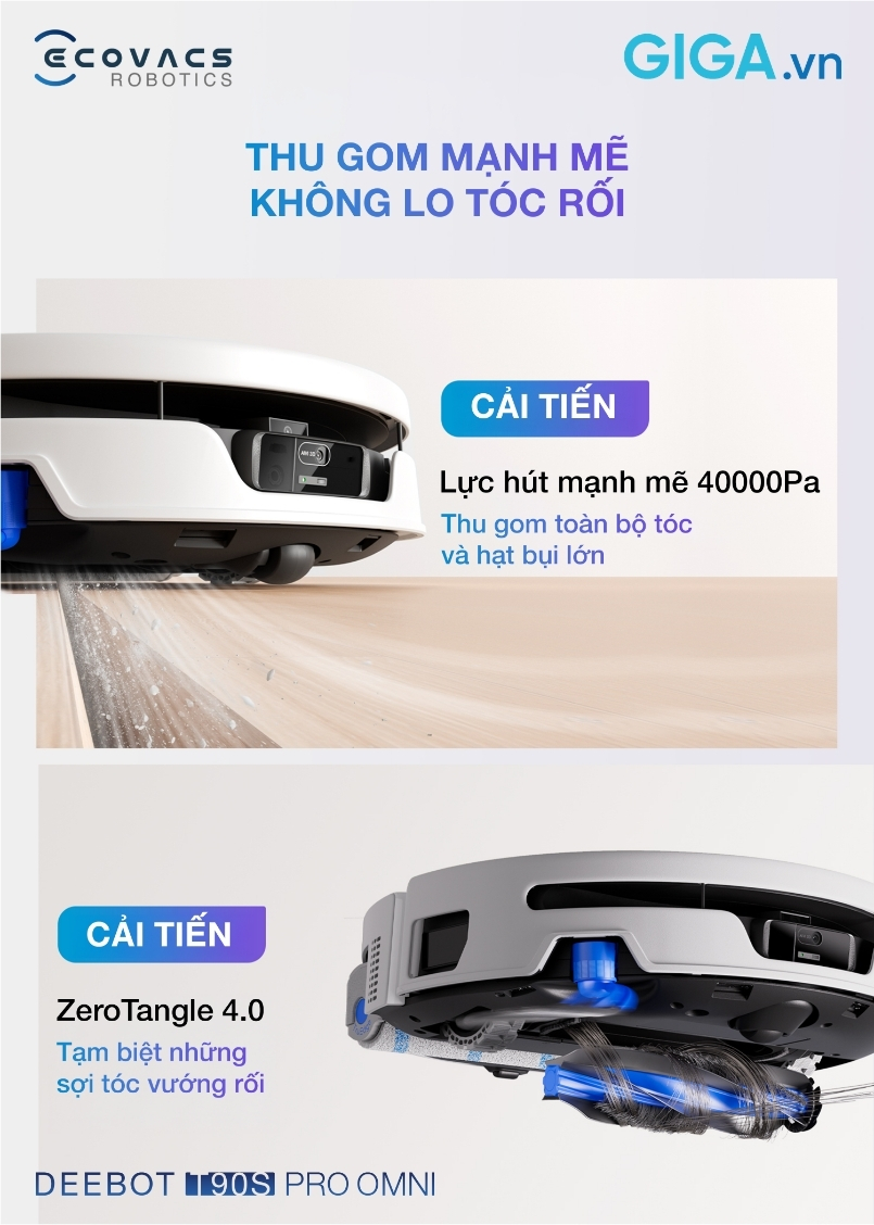 Robot hút bụi Ecovacs DEEBOT T90S PRO OMNI thu gom mạnh mẽ khong lo rối tóc
