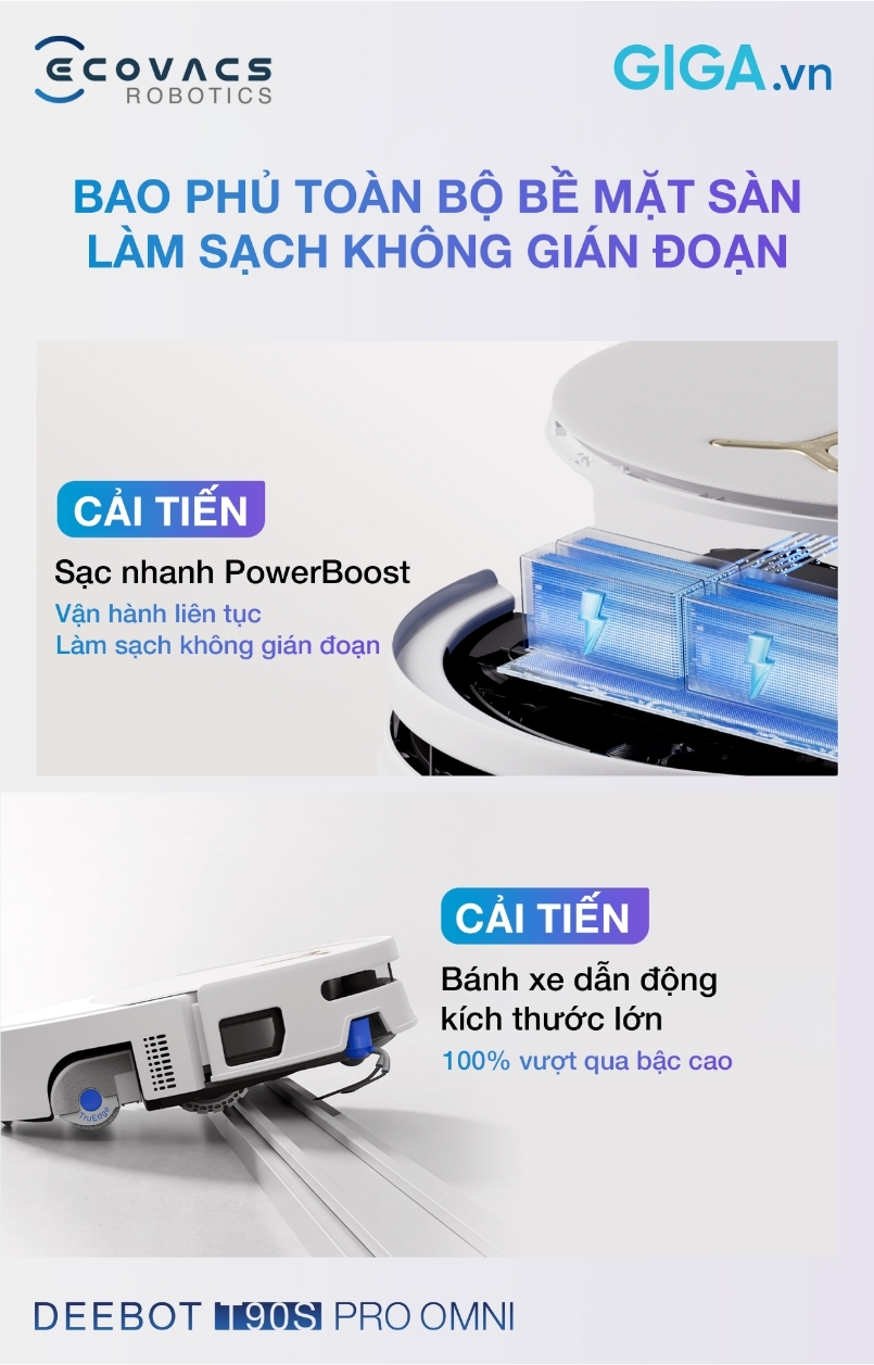 Robot hút bụi lau nhà thông minh Ecovacs DEEBOT T90S PRO OMNI bao phủ toàn bộ bề mặt sàn, làm sạch không gián đoạn