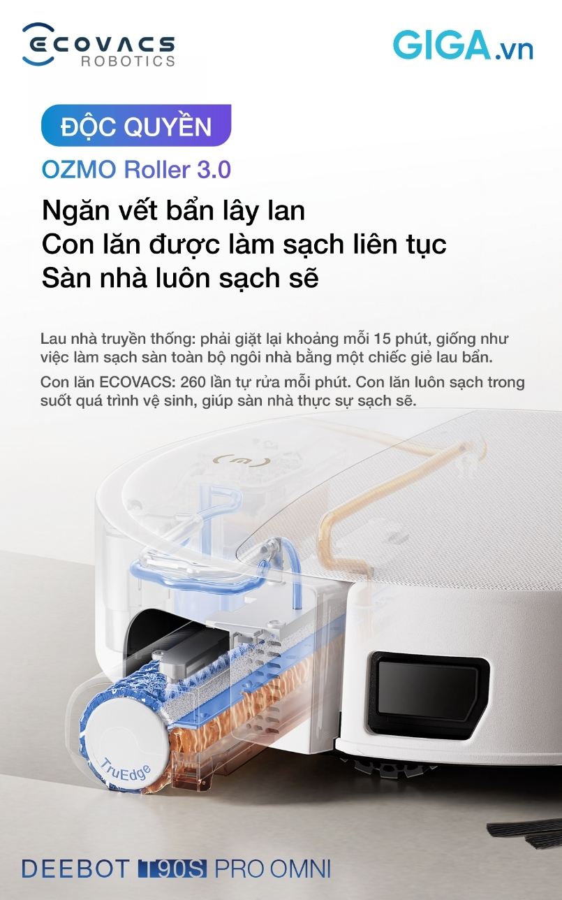 robot hút bụi lau nhà T90S Pro Omni với công nghệ lau con lăn tự giặt tức thì OZMO Roller 3.0, con lăn siêu dài 27 cm