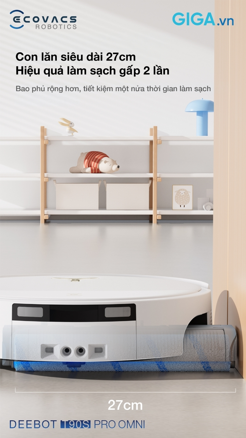 robot hút bụi T90S Pro Omni với công nghệ lau con lăn tự giặt tức thì OZMO Roller 3.0, con lăn siêu dài 27 cm