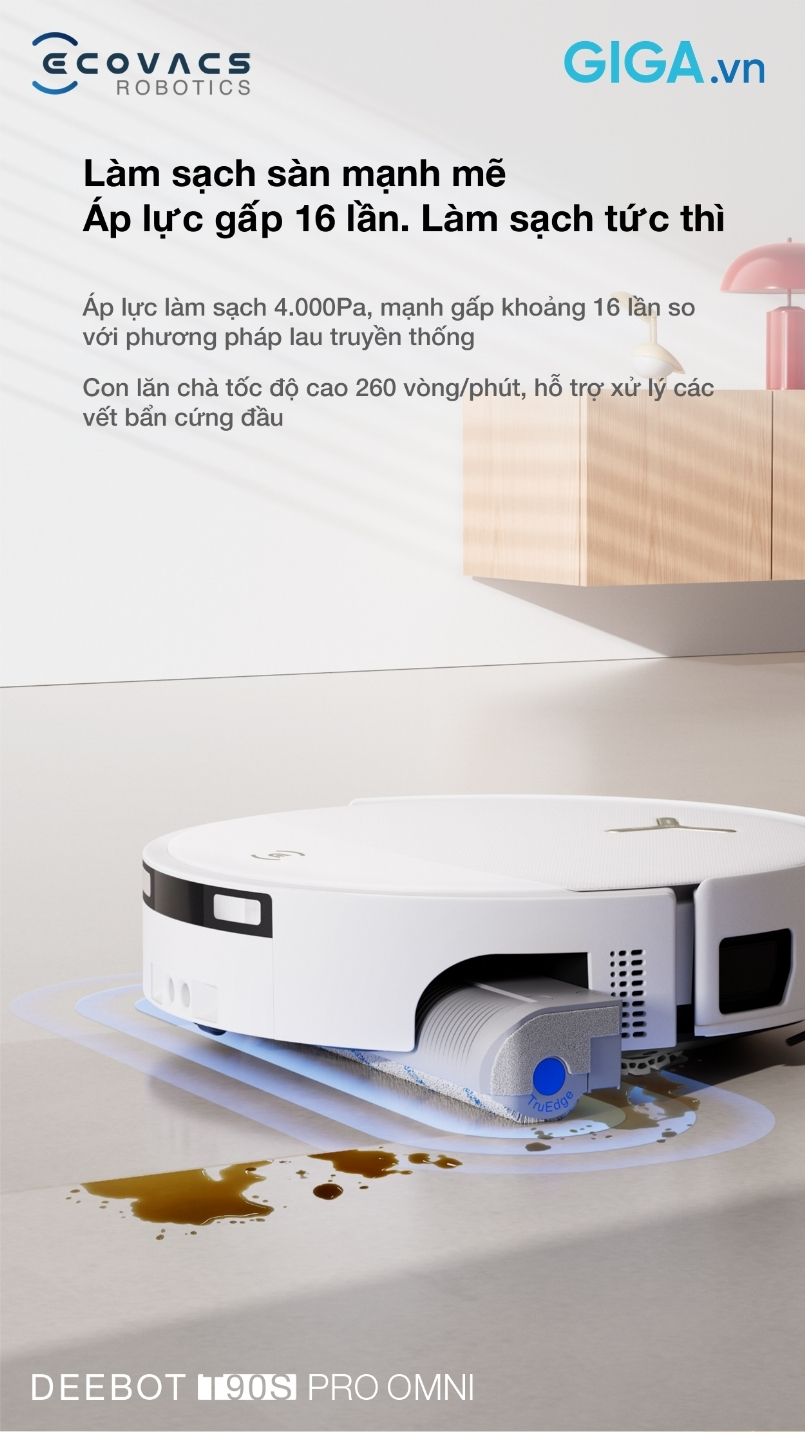 Ecovacs T90S Pro Omni với công nghệ lau con lăn tự giặt tức thì OZMO Roller 3.0, con lăn siêu dài 27 cm