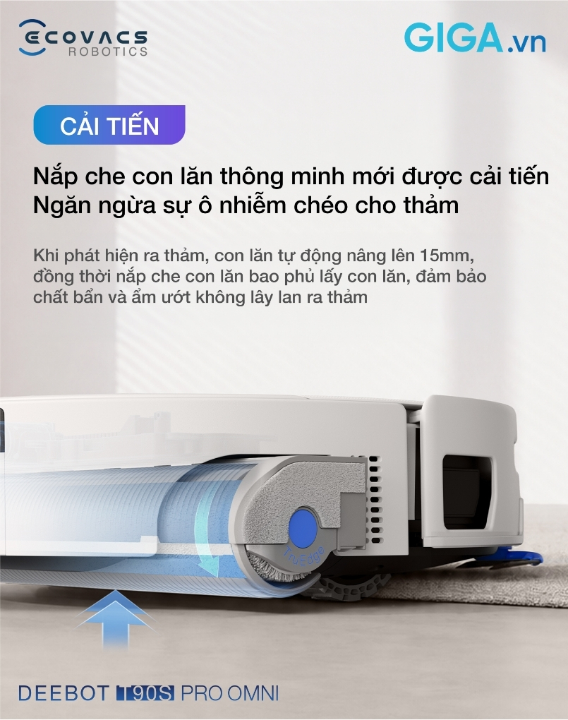 robot hút bụi lau nhà Deebot T90S Pro Omni lập tức nhấc cao con lăn lau lên 15mm