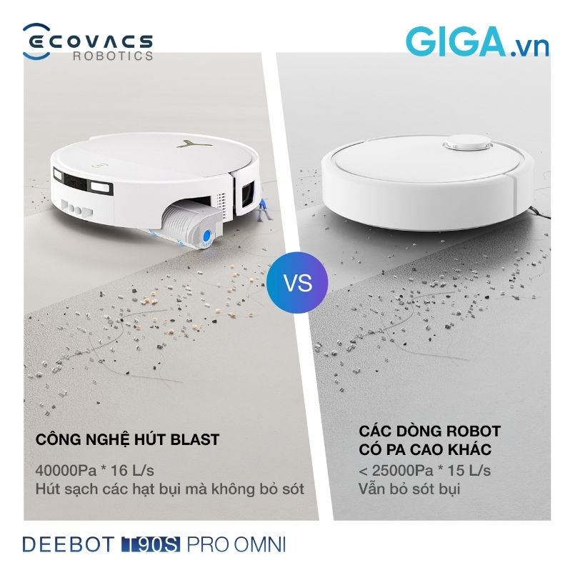 robot hút bụi lau nhà Ecovacs T90S Pro Omni với công nghệ hút tăng cường luồng khí lớn BLAST 40.000Pa x 16L/s