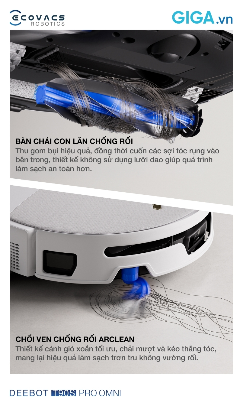 robot Ecovacs Deebot T90S Pro Omni với công nghệ chống rối bằng luồng khí định hướng ZeroTangle 4.0