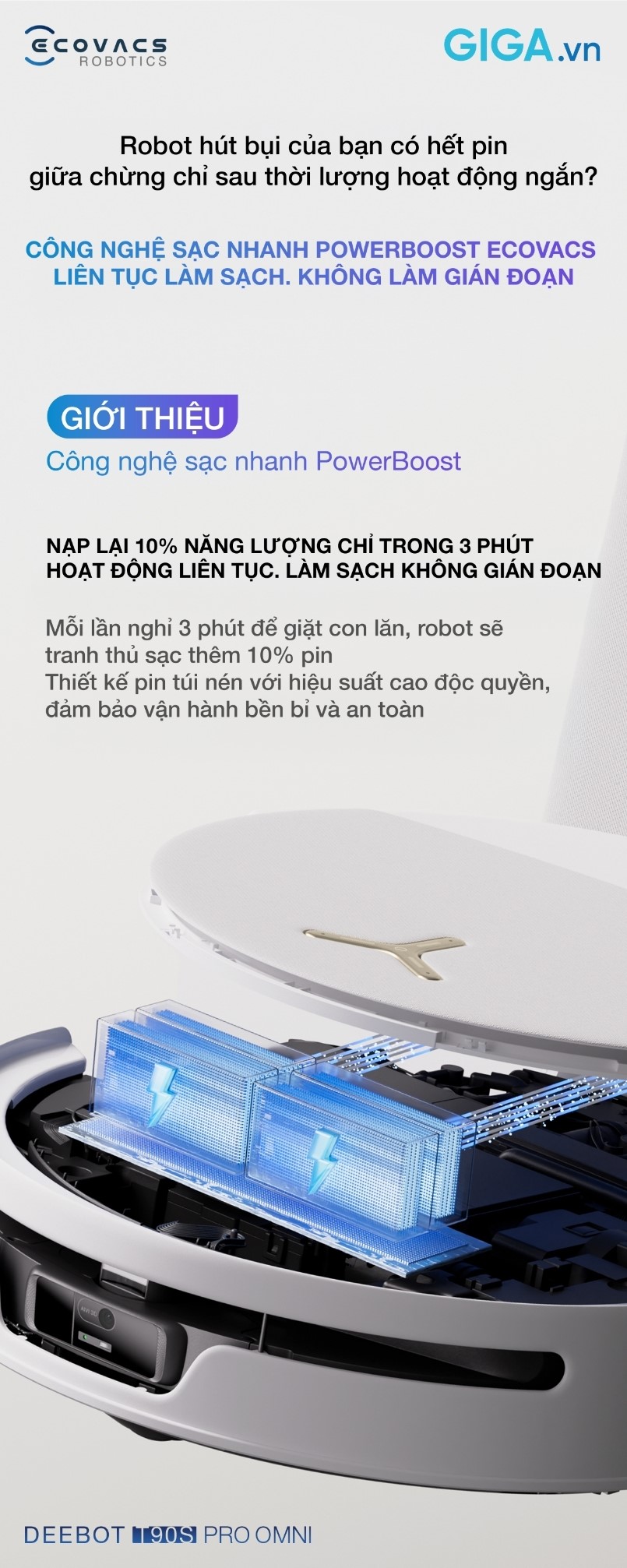 Sức mạnh vận hành bền bỉ của DEEBOT T90S PRO OMNI bắt nguồn từ công nghệ sạc nhanh PowerBoost
