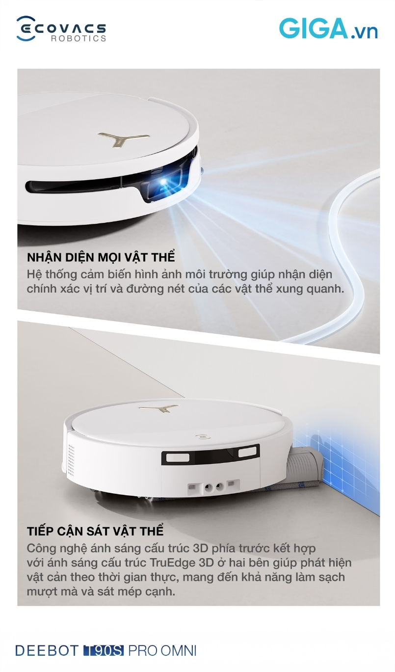 Robot hút bụi lau nhà Ecovacs Deebot T90S Pro Omni nhận diện và tiếp cận sát mọi vật thể