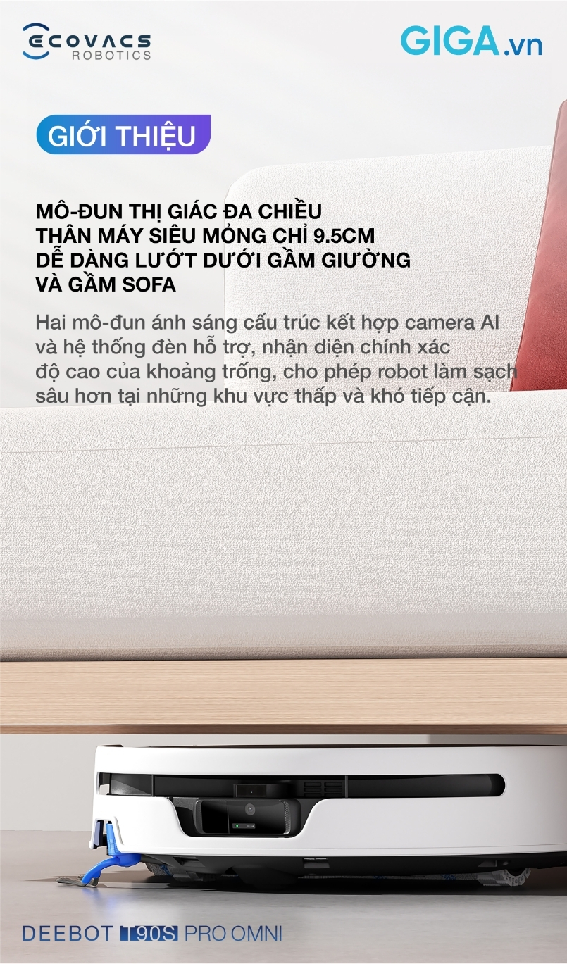robot hút bụi lau nhà thông minh Ecovacs Deebot T90S Pro Omni với thân máy siêu mỏng chỉ 95mm & Mô-đun thị giác đa chiều giúp làm sạch sâu mọi góc khuất