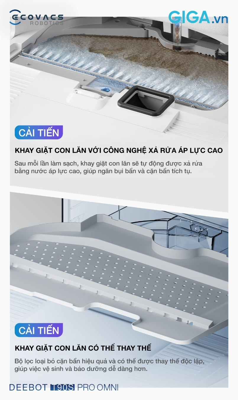 robot lau nhà Ecovacs Deebot T90S Pro Omni cải tiến khay giặt con lăn với công nghệ xả rửa áp lực cao