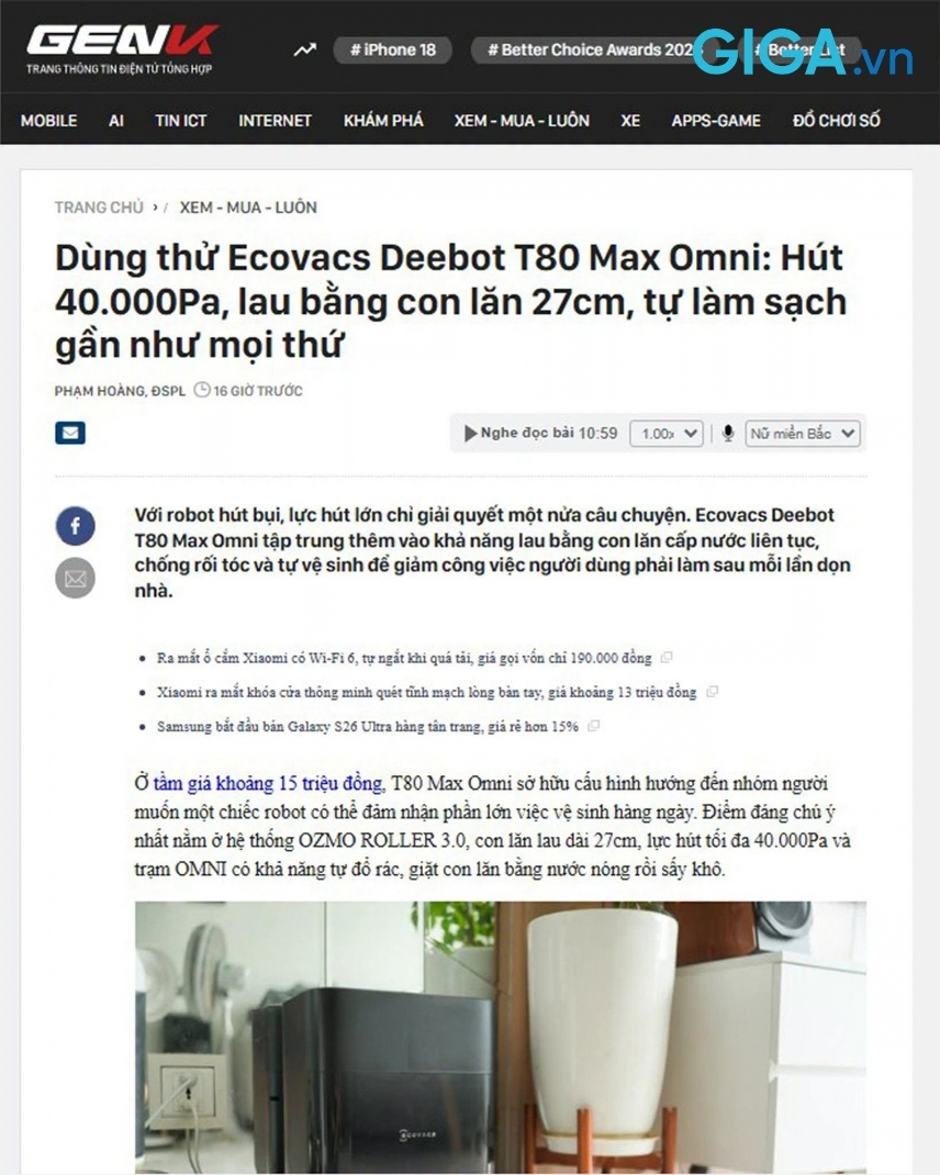 GenK và Điện Tử Ứng Dụng đã có những bài trên tay chi tiết và đánh giá cực cao hiệu suất làm sạch của robot hút bụi Ecovacs Deebot T80 Max Omni.