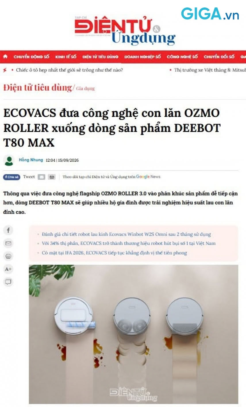 GenK và Điện Tử Ứng Dụng đã có những bài trên tay chi tiết và đánh giá cực cao hiệu suất làm sạch của robot hút bụi Ecovacs Deebot T80 Max Omni.