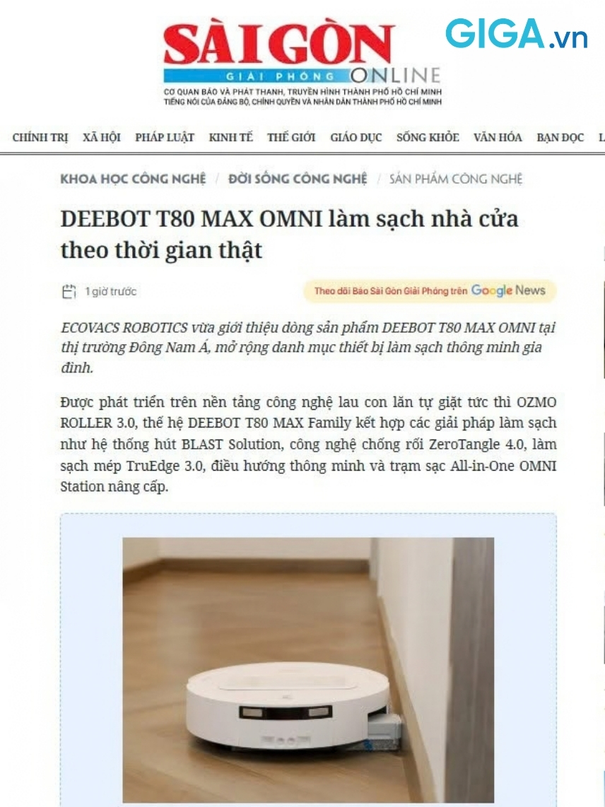 Báo Sài Gòn Giải Phóng (SGGP) đã làm nổi bật khả năng xử lý thông minh của Ecovacs T80 Max Omni.